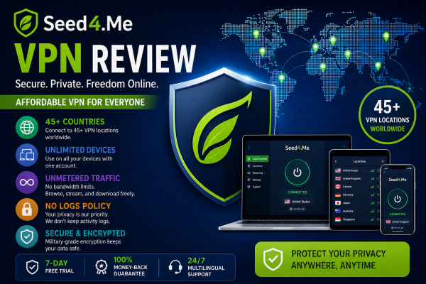 Seed4.Me VPN review featuring secure browsing, online privacy, VPN servers, and affordable pricing